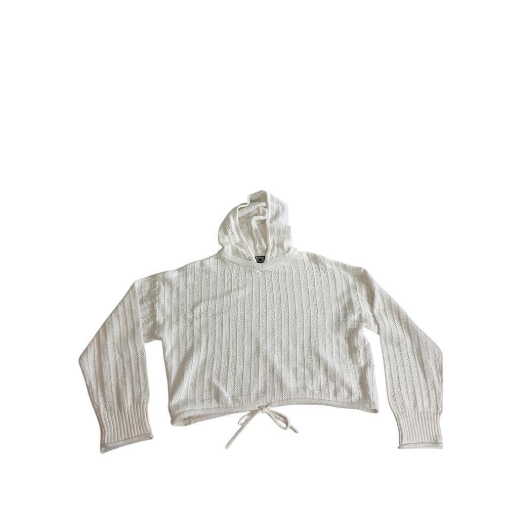 Future Collective White Hooded Cable Knit Crop Tie Waist Sweater Large